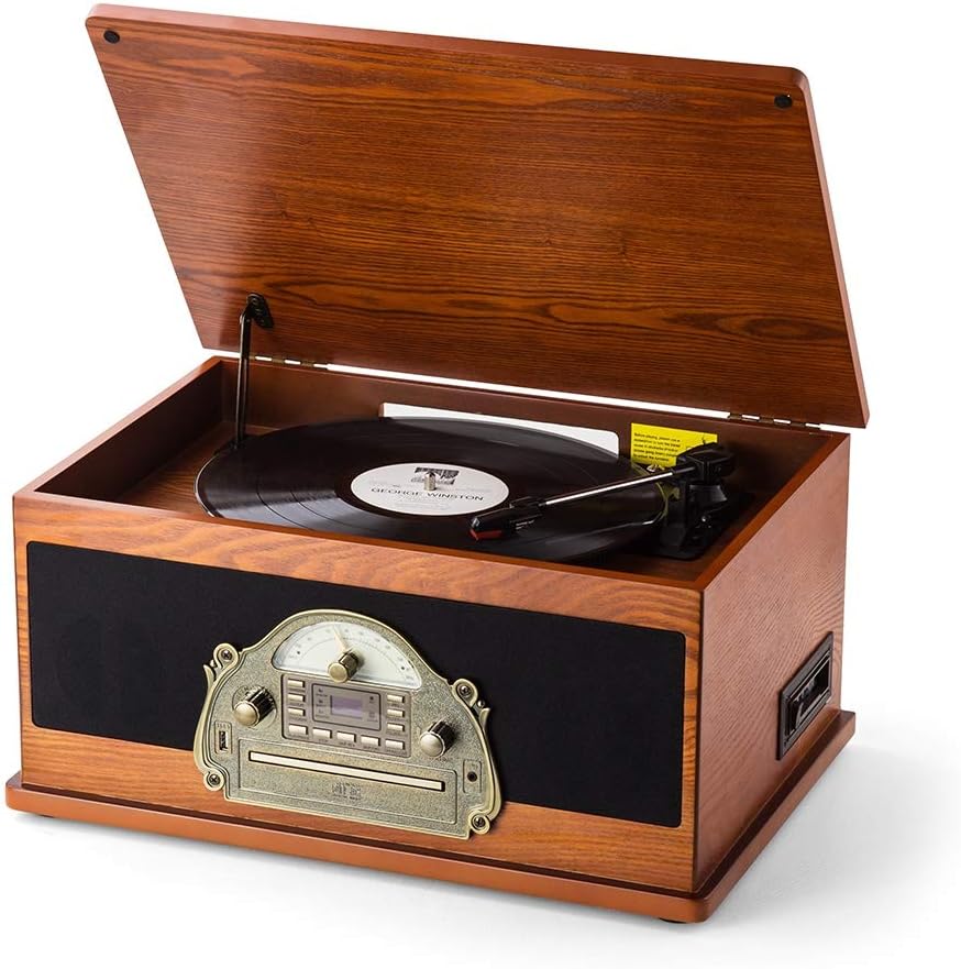 Shuman Nostalgic Wooden 7-in-1 Wireless Music Centre with 3 Speed Vinyl Record Player, CD/MP3 Player,Cassette Player, USB Playback/Recording, FM Radio, Built-in Speakers (MC-263BT Brown)
