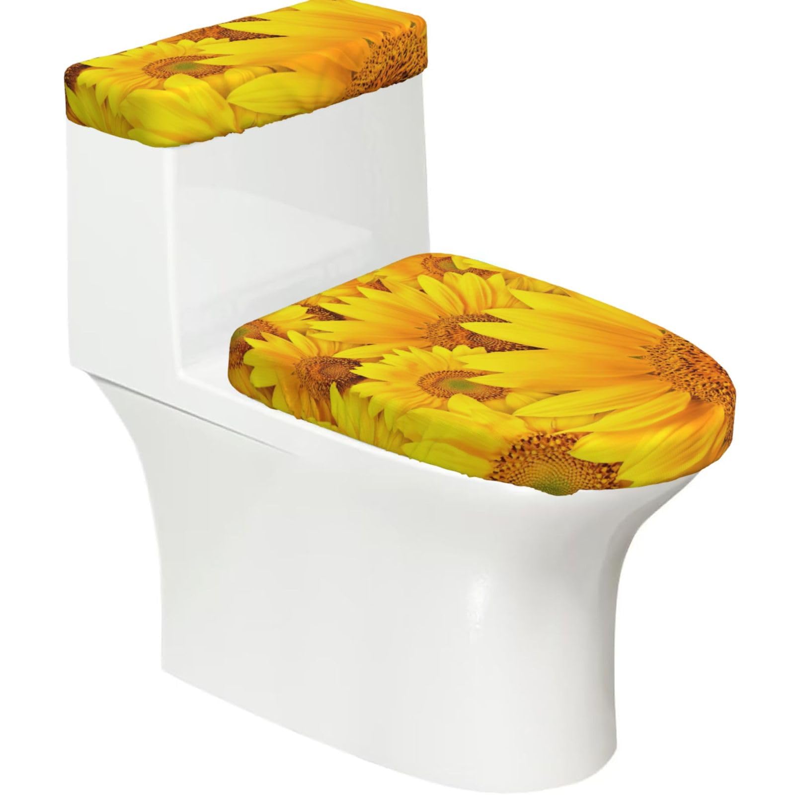 Many Sunflowers Print Stretch Toilet Covers Set, Polyester Covers Replacement For Fits Most Size Lids Bathroom Decor