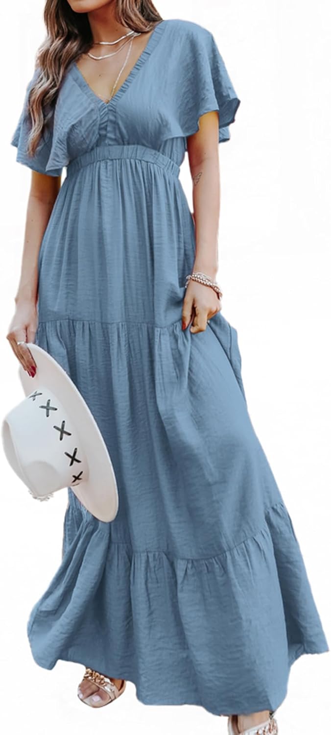 Amegoya Women's Casual Short Sleeve V Neck Floral Maxi Dresses Boho Beach Photoshoot Flowy Ruffle Long Dress