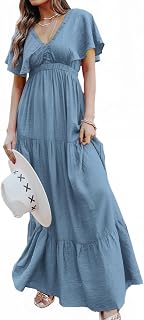Amegoya Women's Casual Short Sleeve V Neck Floral Maxi Dresses Boho Beach Photoshoot Flowy Ruffle Long Dress