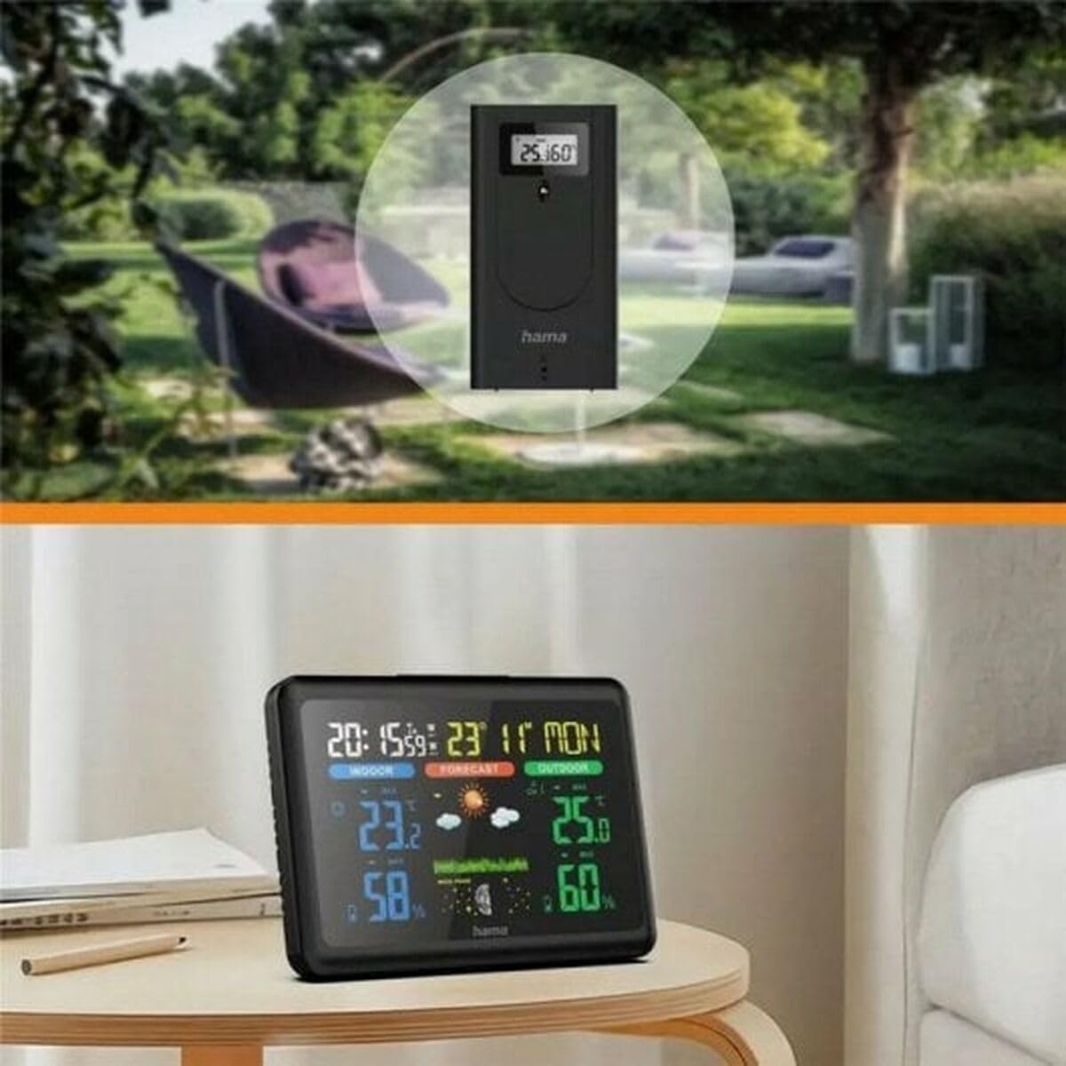 Hama stacja pogody (termometr, higrometr, kolorowy wyświetlacz, stacja pogodowa, zegar, prognoza pogody, bezprzewodowa, wireless, nadajnik zewnętrzny) czarny
