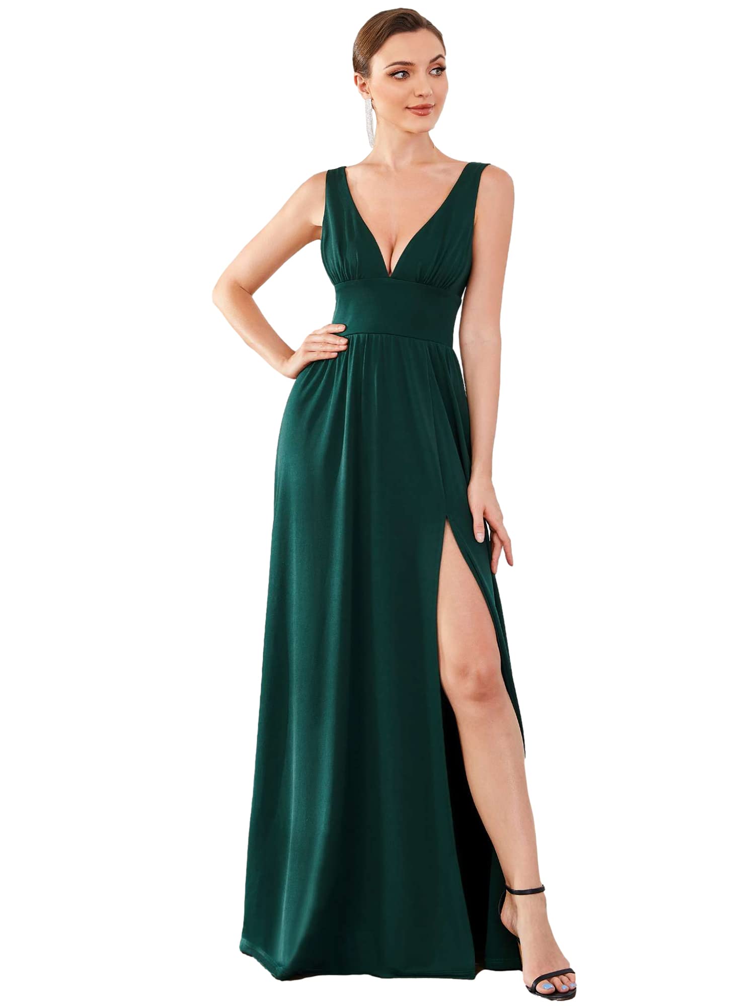 Ever-Pretty Abiti da Cerimonia da Donna Alta Elasticità Scollo a V Linea ad A con Spacco Stile Impero Verde Scuro 42