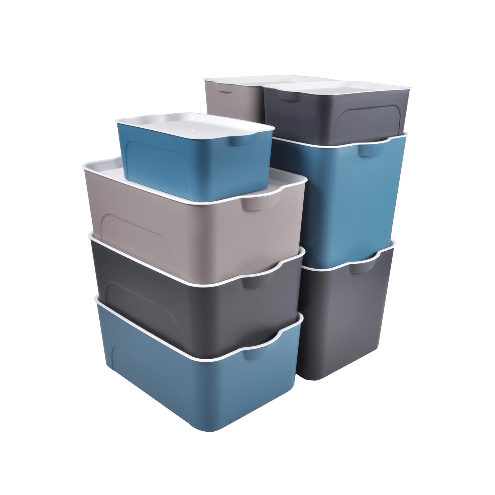 Homéa Essentiel - Caja de plástico con tapa de bambú (5 L, 28 x 18 x 10,5 cm), color gris y beige (Paquete de 4)