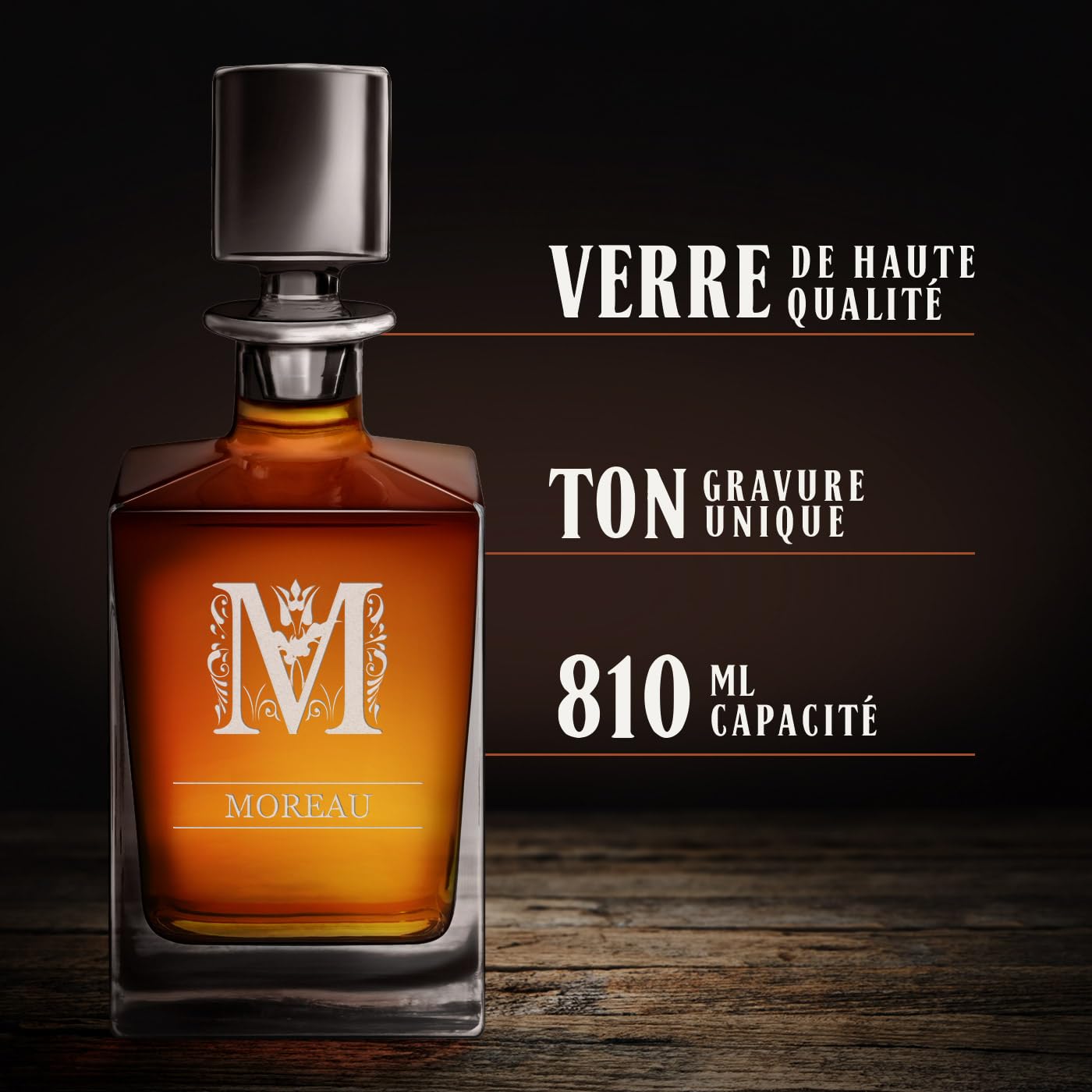 Maverton Ensemble à Whisky personnalisé - 81cl Carafe et 6 Verres avec Gravure pour Hommes - pour dégustation de Rhum Scotch Bourbon - pour Gentlemen - pour Anniversaire - Cadeau Noel - Nom