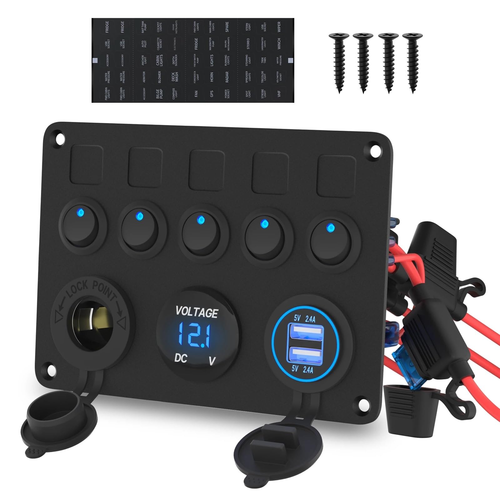 5-punktowy panel przełączników łodzi Wodoodporny panel przełączników samochodowych 2,4 A podwójny port USB 12 V gniazdo Cyfrowy woltomierz Niebieska dioda LED do samochodów