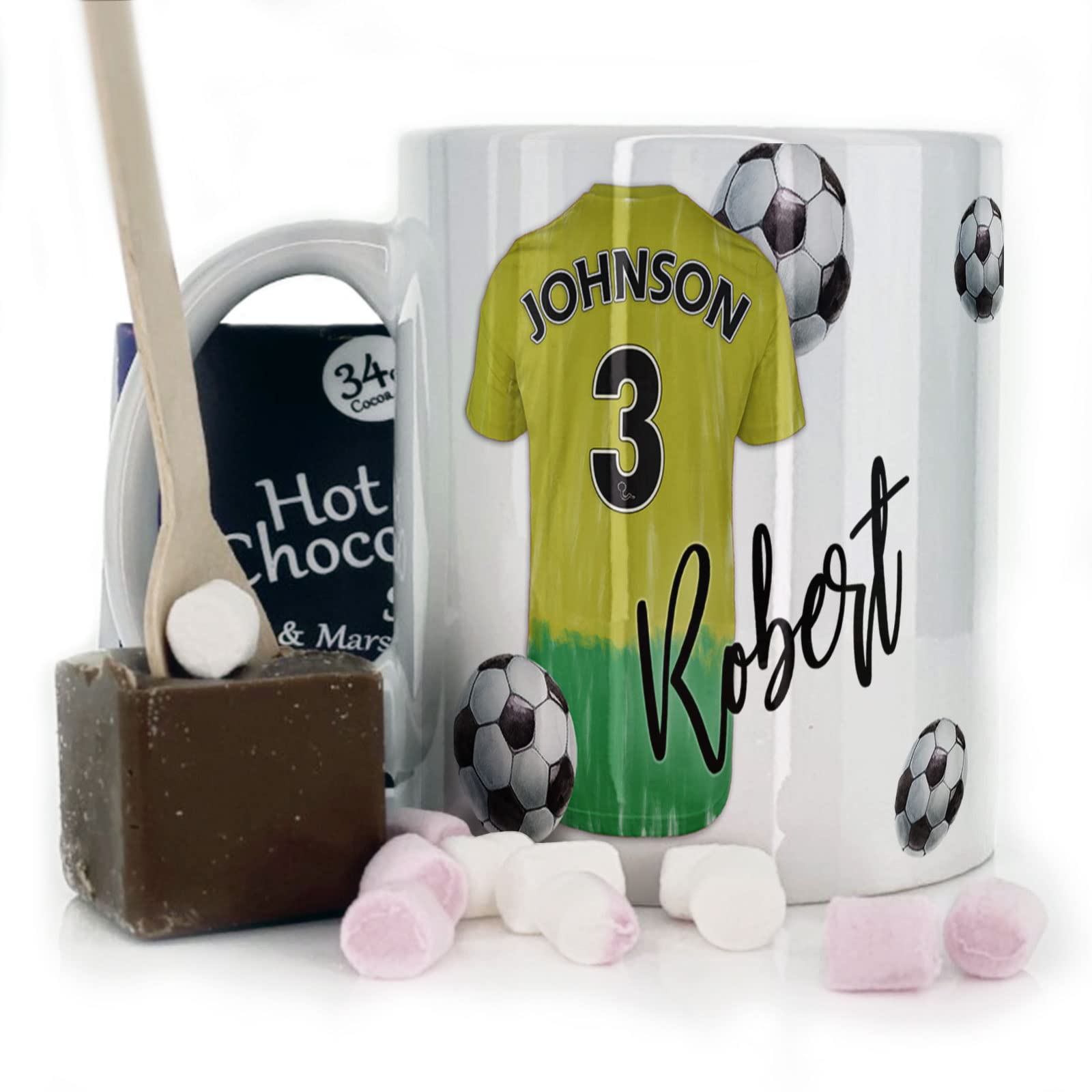 Personalised Mug and Belgian Milk Chocolate/Hot Chocolate Stirrer Marshmallow Gift Set, Customised with Name / Number / Text, (11oz) White, Blue, Black, Pink Mug with Green and Yellow Football Shirt โ image 1