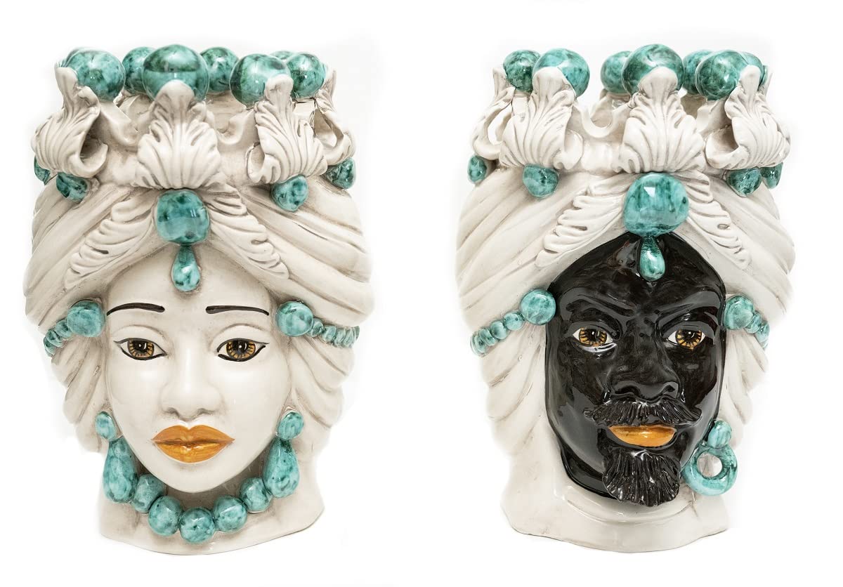 Generico Coppia teste di moro di Caltagirone in ceramica siciliana verde acqua realizzate a mano H30 cm