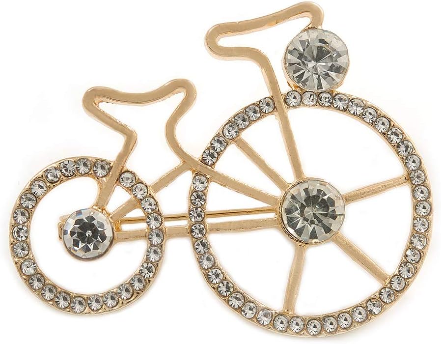Clear Crystal Bicycle Brooch In Gold Tone Metal - 45mm Across