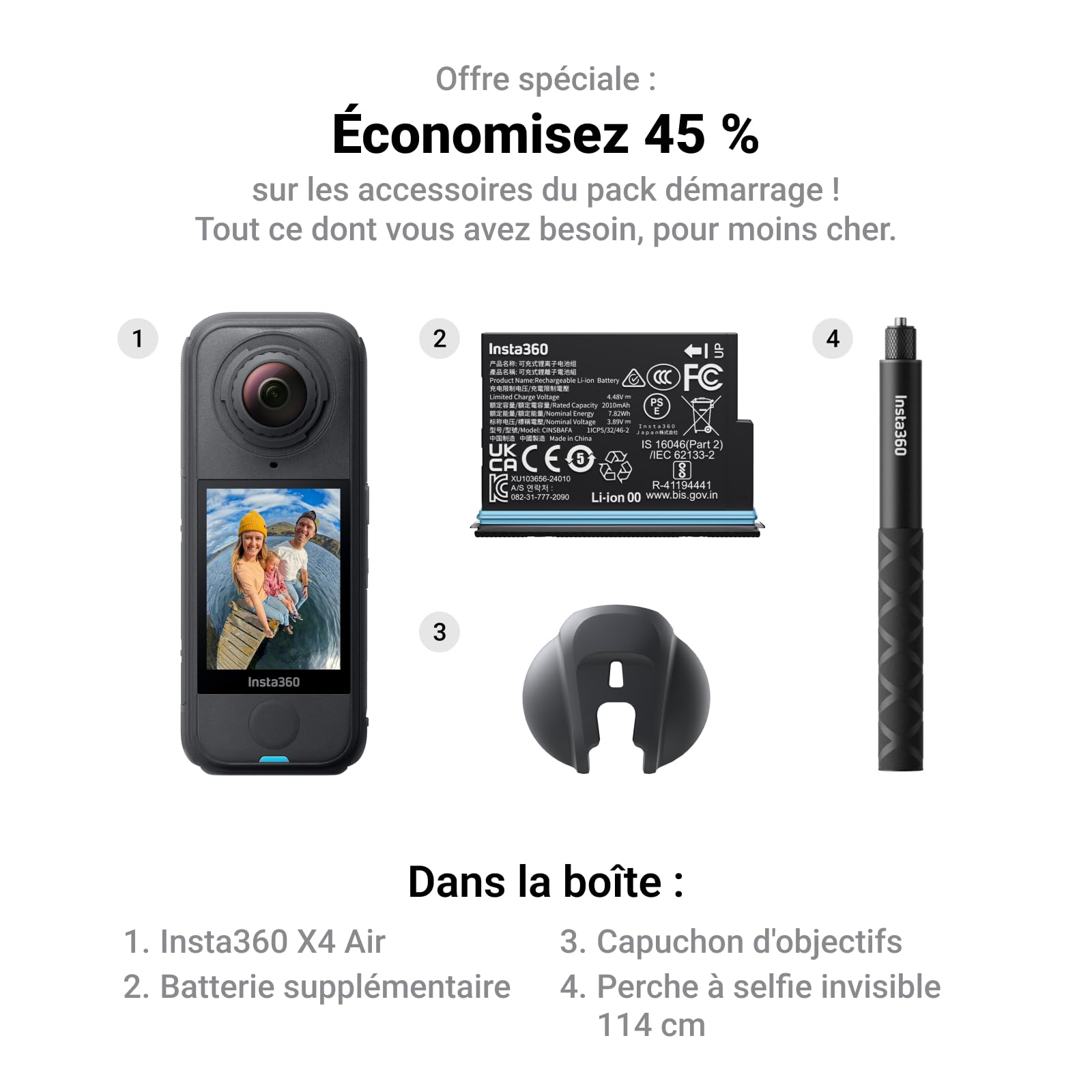 Insta360 X4 Air Pack démarrage Noir Graphite - Caméra 360 8K, Appareil Photo vidéo étanche léger 165g, Perche à Selfie Invisible, objectifs remplaçables, Pare-Vent, dashcam pour vlog, Moto