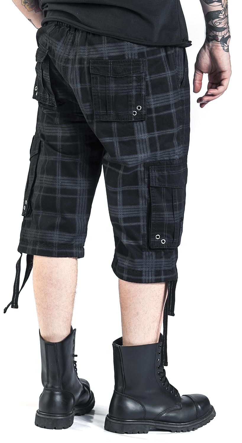 Black Premium by EMP Hombre Pantalón Corto Negro con Estampado de Cuadros