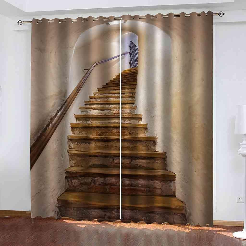 Vorhang Kinderzimmer Junge Mädchen Verdunkelungsvorhänge 3D Druck Retro-Treppe Fenster Gardinen Wohnzimmer Mit Ösen 220 X 215 cm Blickdichter Schallschutz Vorhang 2Er Set-2G3J-J7J