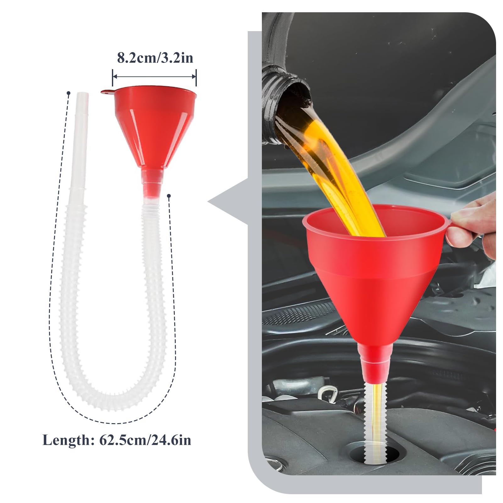 Set di 10 imbuti per auto, a bocca larga, in plastica, per olio a collo lungo, flessibili ad angolo retto, con beccuccio e filtro rimovibili, set di imbuto in plastica per acqua, benzina, refrigerante
