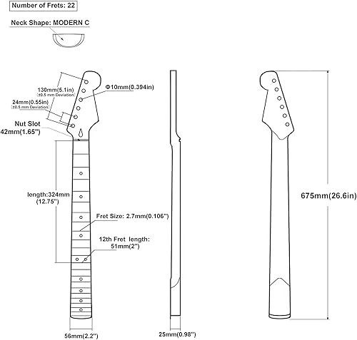 Miniatura 7 de Guitarra Cuello 22 Trastes Arce Diapasón Guitarra Cuello Guitarra DIY Piezas Reemplazo para ST Style Matt Negro