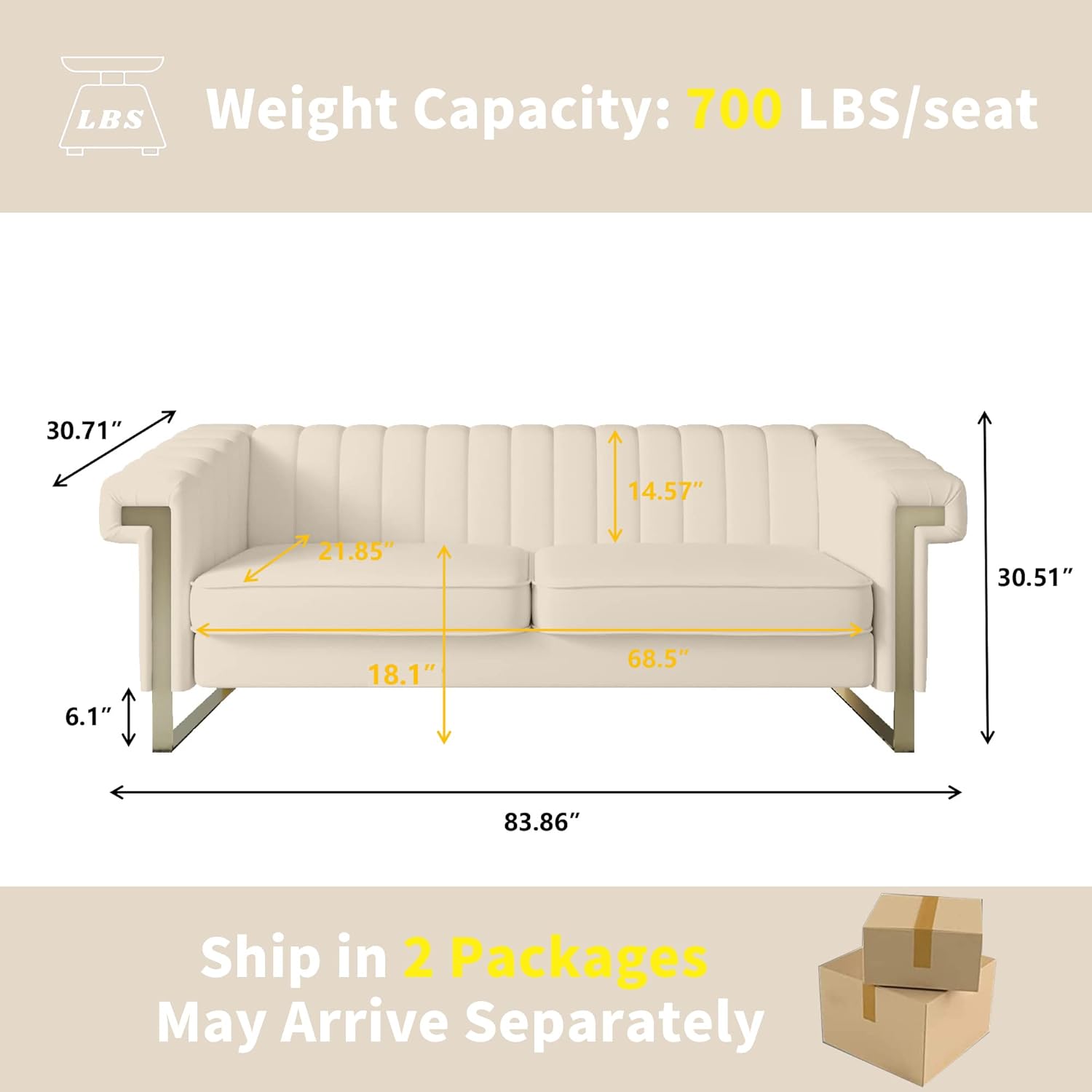 Modern Velvet Sofa,Collection Contemporary Velvet Upholstered Sofa Couch with Stainless Steel Base,83.86“ Lx 30.70“ Wx 30.51“ H(Beige)