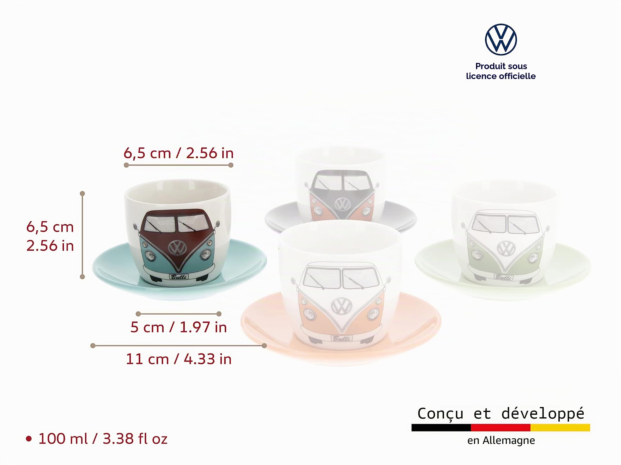 BRISA VW Collection - Volkswagen Ensemble tasse à espresso, café, thé et cappuccino (Bus Avant/4 Couleurs/4 Tasses)