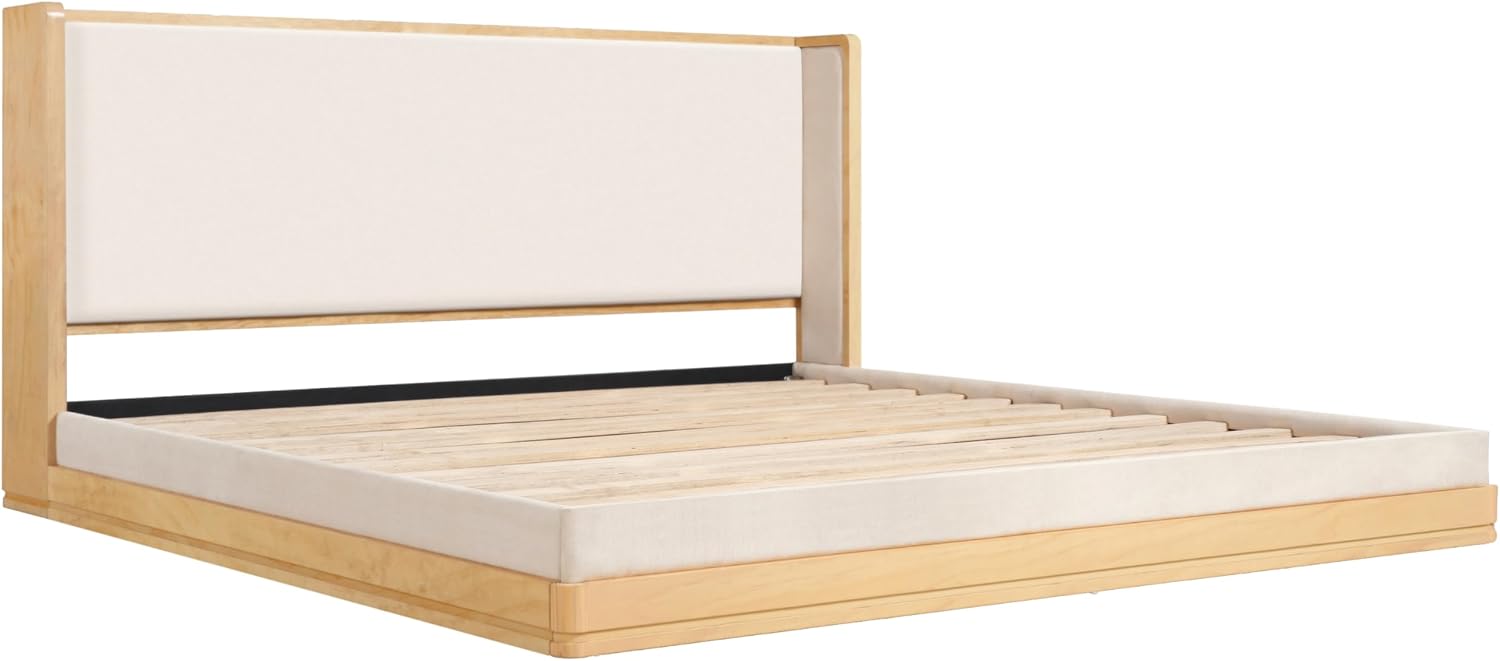 Merax Modern King Size Wood Platform Bed with Headboard, Mid-Century Floor Upholstered Bed Frame/No Box Spring Needed/Easy Assembly, Beige+ Nutural Beige+natural King