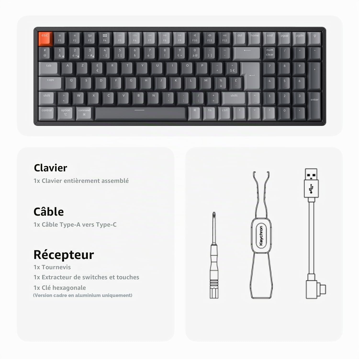 Keychron K4 QMK Clavier Mécanique sans Fil, Disposition 96%, Hot-Swap Commutateurs Banane, Rétroéclairage LED RVB et Rechargeable, Bluetooth 5.2 pour Mac/Windows/Linux, Disposition FR- Version 3