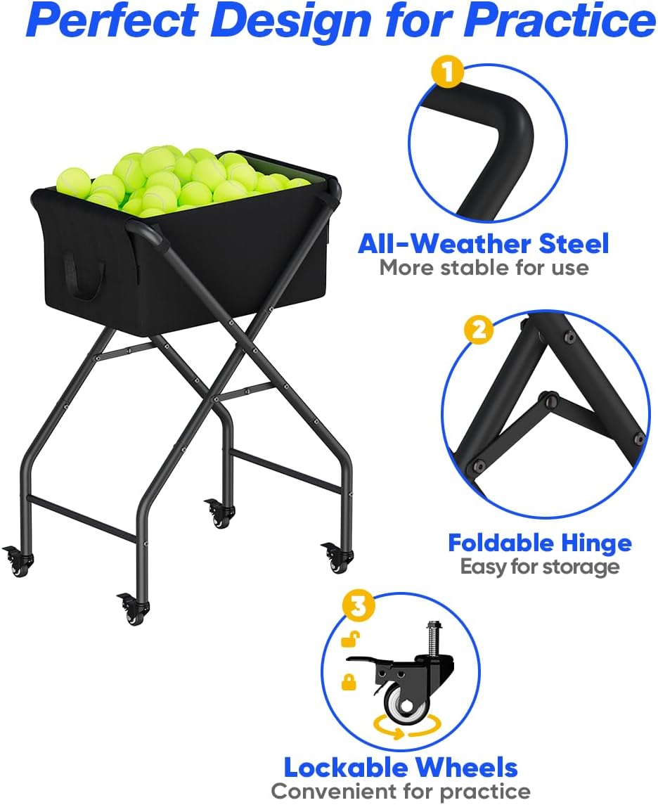 Tennis Ball Hopper Cart Holds 175 Tennis Balls or 140 Pickleballs, Portable Pickleball Collector Caddy with Wheels, Foldable Baseball Basket Holder for Court Training & Coaching