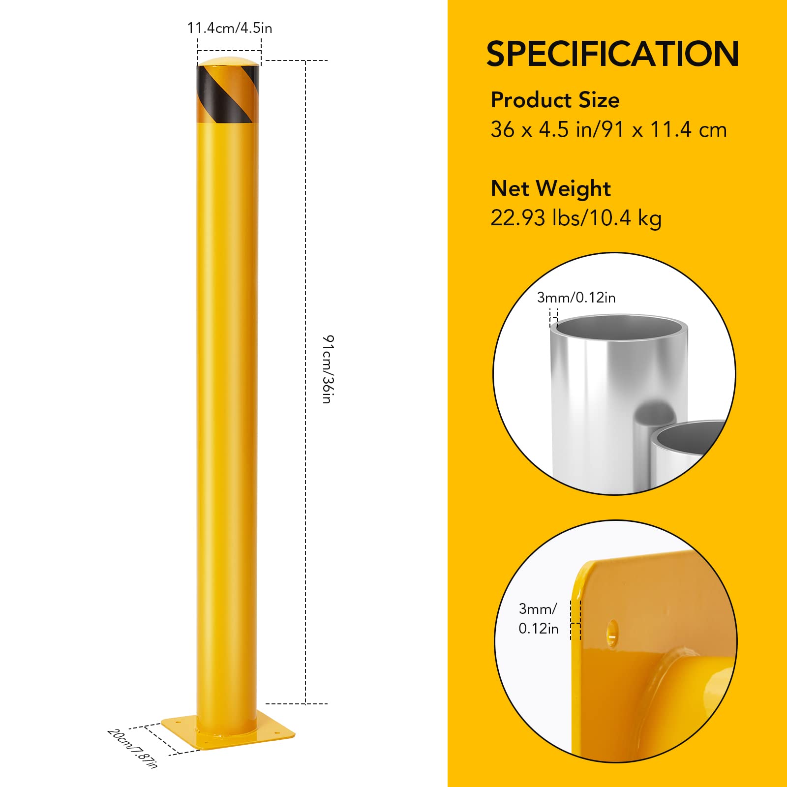 GarveeTech Safety Bollard, 6 Packs 36 Inch Height Bollard Post, 4.5 Inch Diameter, Yellow Safety Steel Bollard Post, with 24 Anchor Bolts, for Traffic Control, Driveway Barrier, Parking Pole