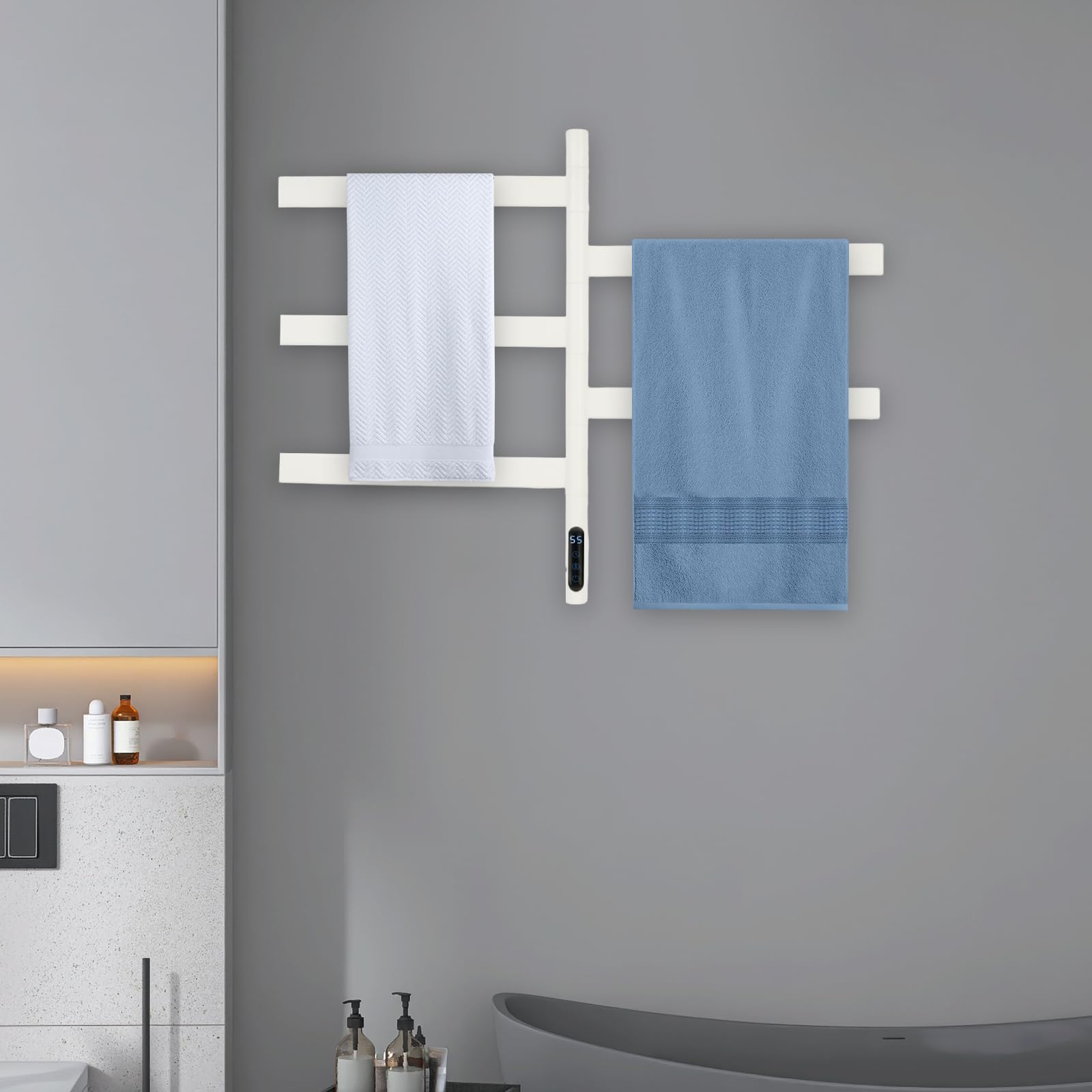 Weißer 5-stabiger Elektrischer Handtuchwärmer – Drehbar | Schnellheizung & Timer-Funktion | Ideal Für Badezimmer | Wellnessbereich & Gäste-WC – Stilvoll | Praktisch & Platzsparend