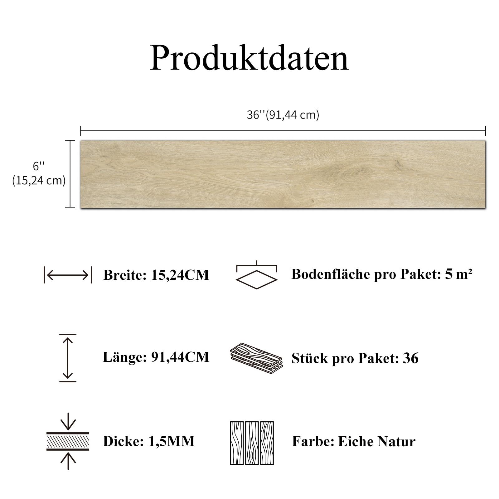 Mysflosy Pavimento in vinile autoadesivo, in PVC, effetto legno, impermeabile, colore rovere naturale, 15,24 cm x 91,44 cm, rivestimento per pavimenti in vinile, 36 tavole, copertura 5 m²