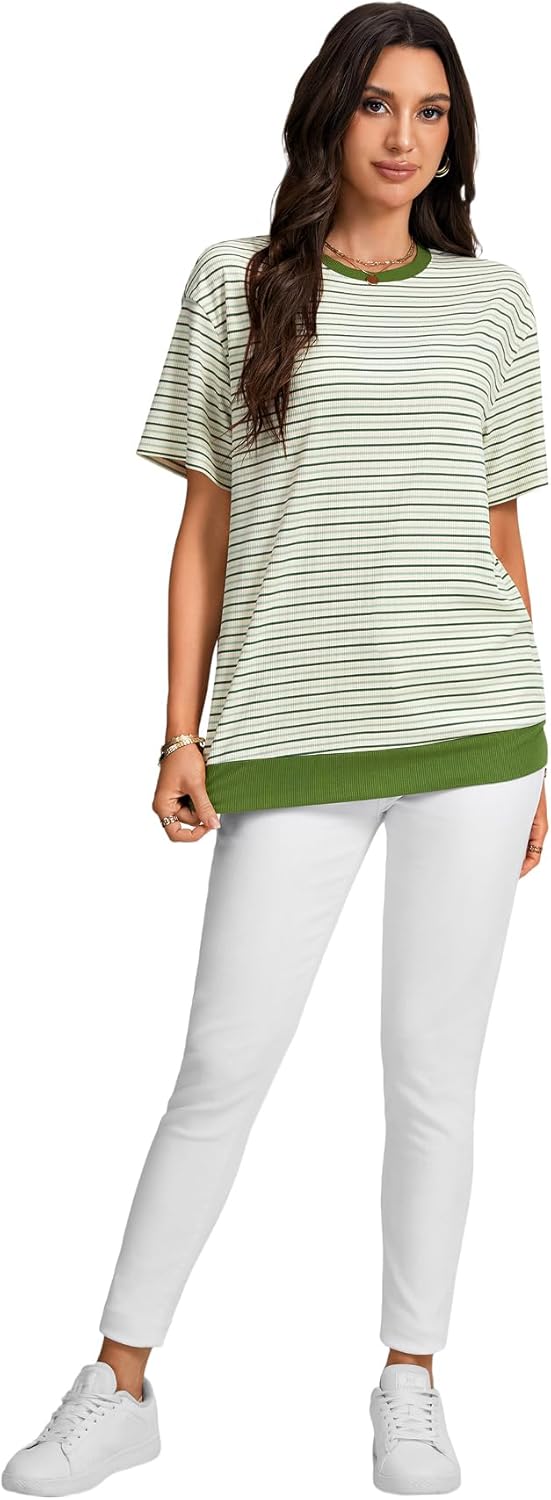 Vrtige Women's Striped Crew Neck Loose Short Sleeve Casual Fashion T Shirts - Image 6