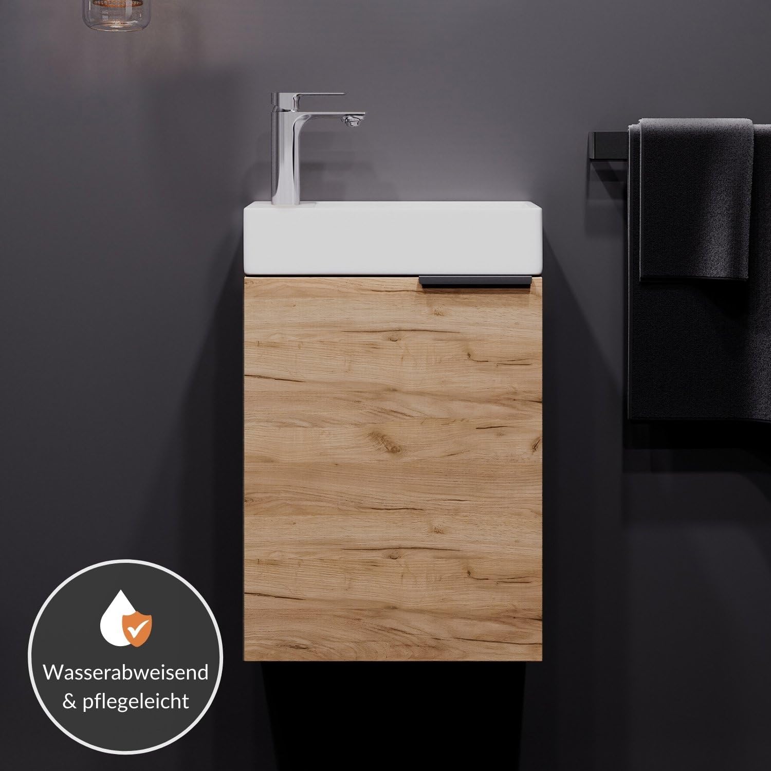 Planetmöbel Waschtisch mit Unterschrank 40 cm Waschbeckenunterschrank, Badmöbel-Set mit Waschbecken für kleine Bäder, Gäste WC, Gold Eiche