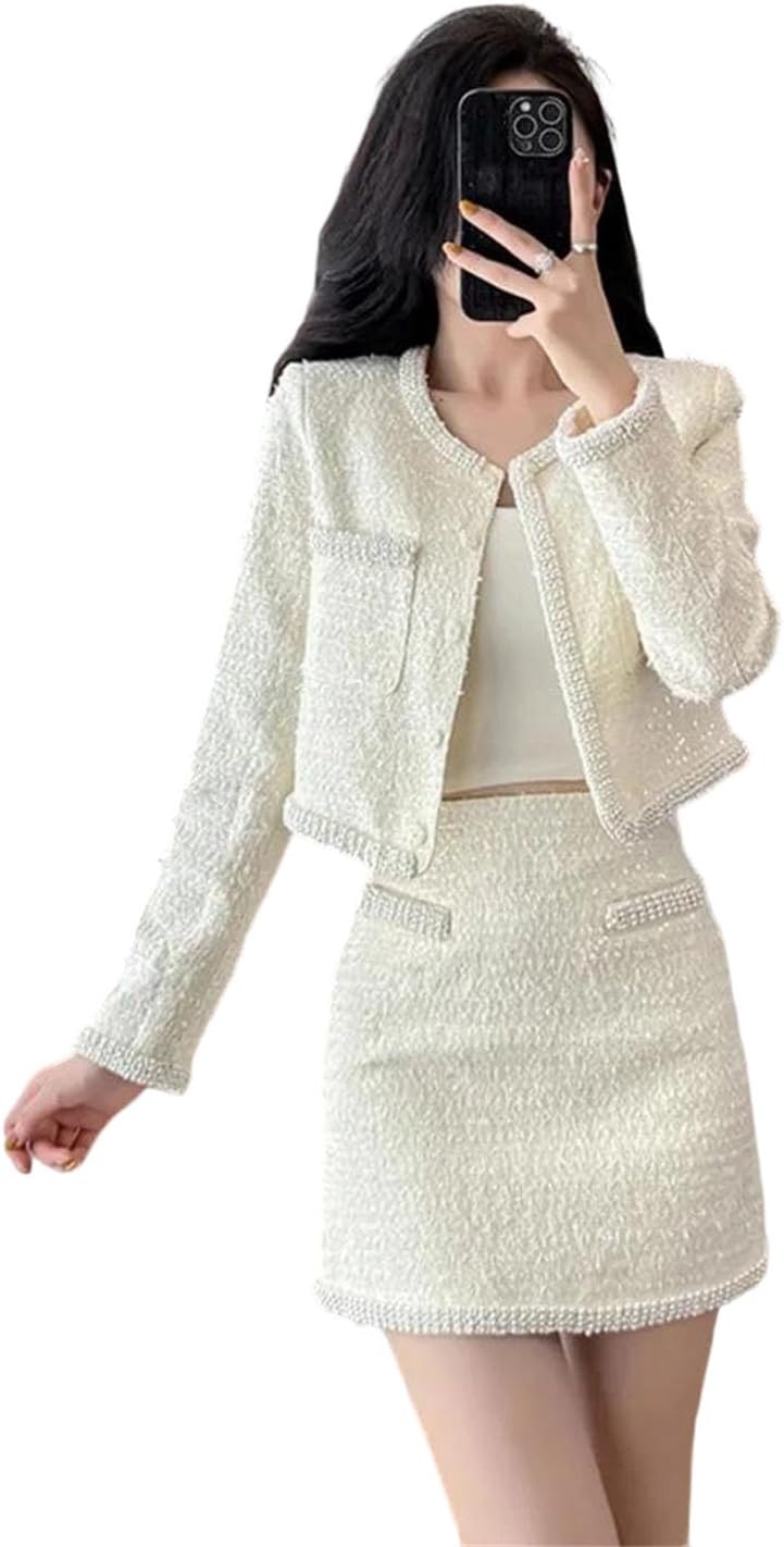 Women Tweed Two Piece Set Beaded Jacket Short Skirt Casual Outfit