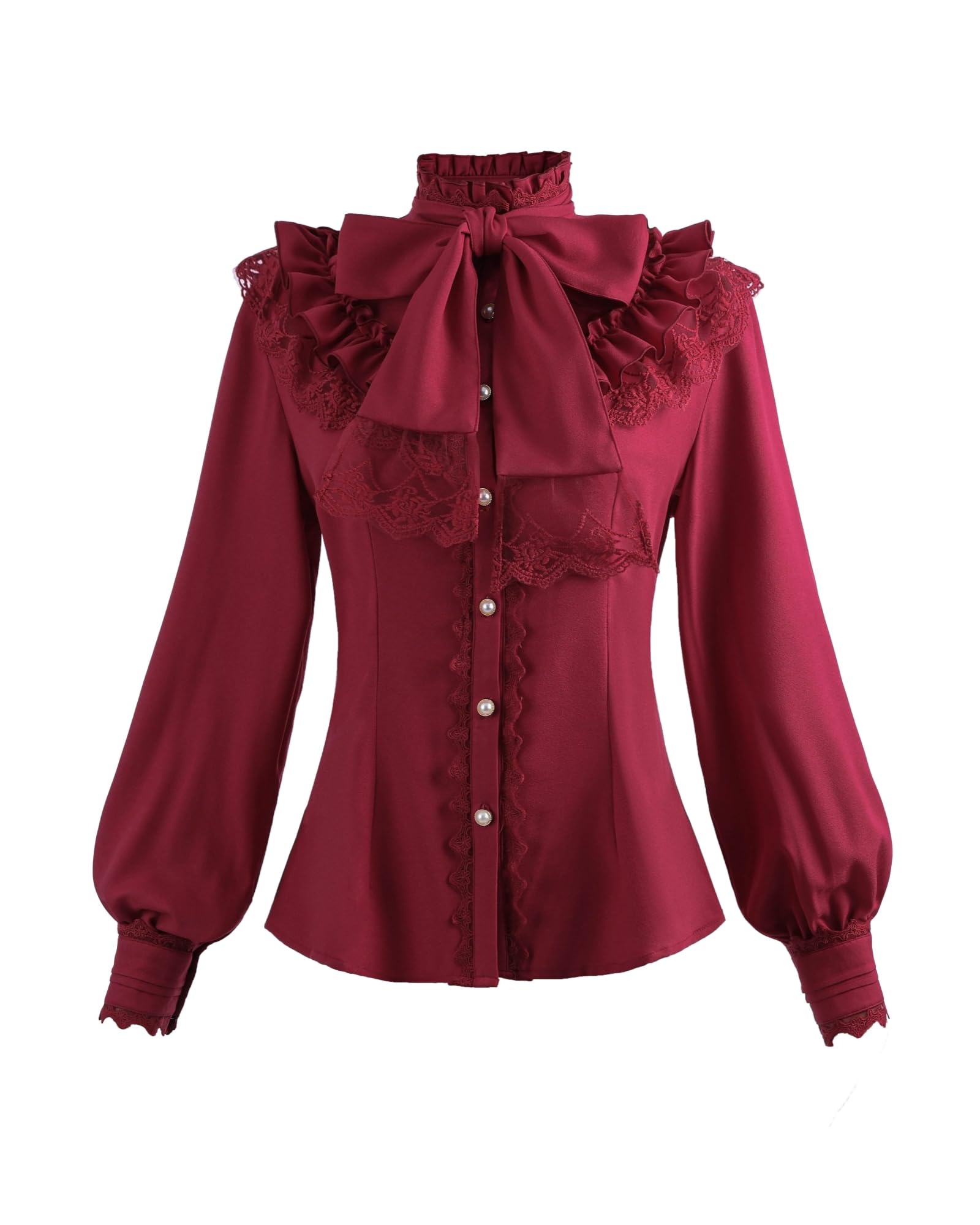 Camicetta vittoriana da donna Steam Punk Camicetta con bordo in pizzo colletto alto a maniche lunghe bianco