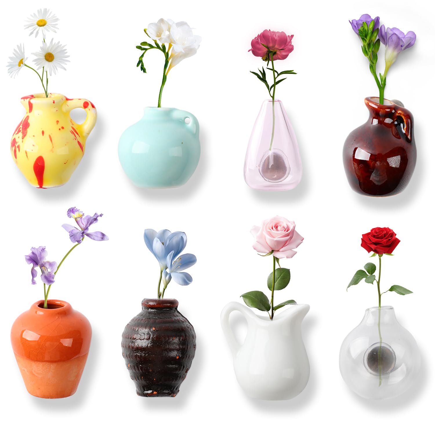 Lot De 5 Mini Vases Aimantés Pour Réfrigérateur - EHERDM - Céramique Et Verre, Design 3D, Avec Compte-gouttes Pour Fleurs Séchées