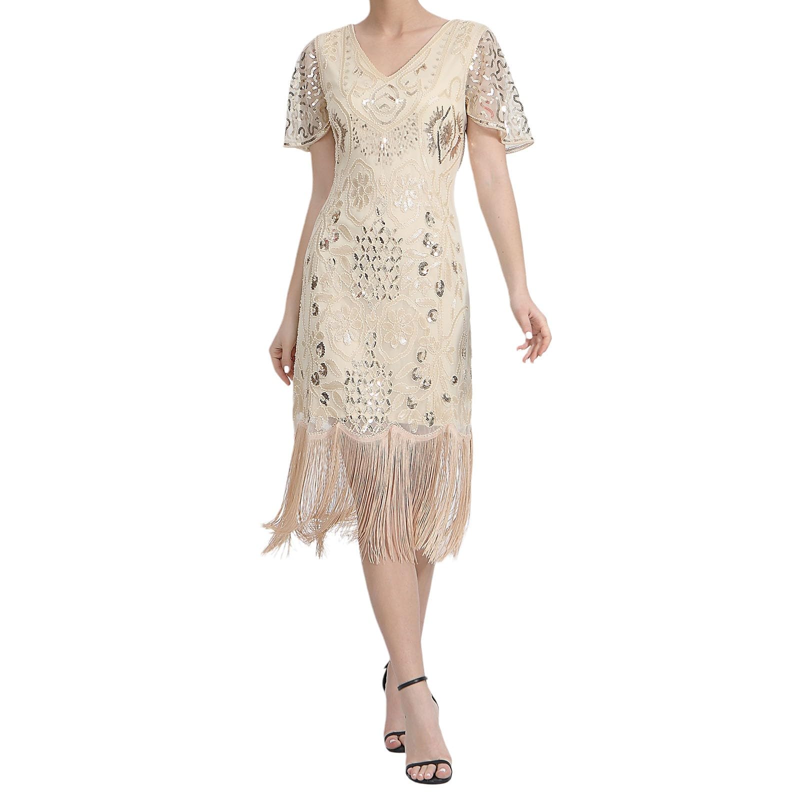 Robe des années 20 pour femme Gatsby années 1920 - Robe à franges pour femme - Vert et noir - Robe courte à franges - Costume Charleston - Manches courtes - Robe à paillettes - Carnaval
