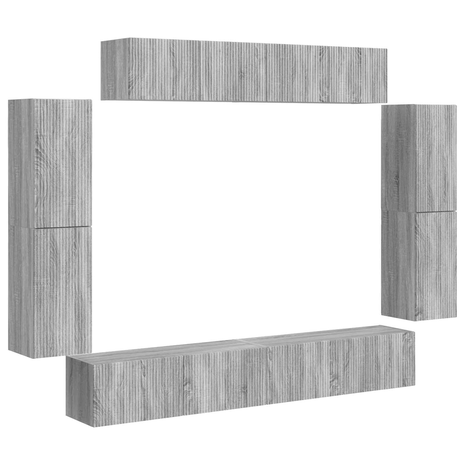 Mueble de TV de pared de 8 piezas, Sonoma gris, soporte multimedia modular para sala de estar, dormitorio, amplio espacio de almacenamiento, construcción de madera duradera
