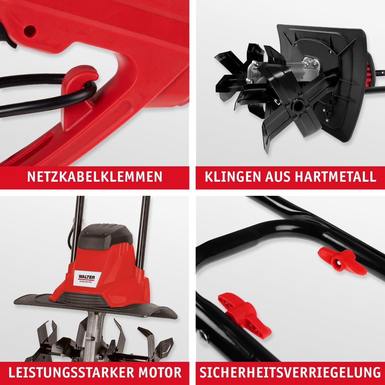 WALTER Gartenfräse 1200 W – Leistungsstarke Elektro-Motorhacke, Ergonomischer Doppelhandgriff, Zwei-Punkt-Sicherheitsschalter, Robuster Stahlrahmen, Ideal zum Ebnen und Graben, Bodenhacke, Bodenfräse