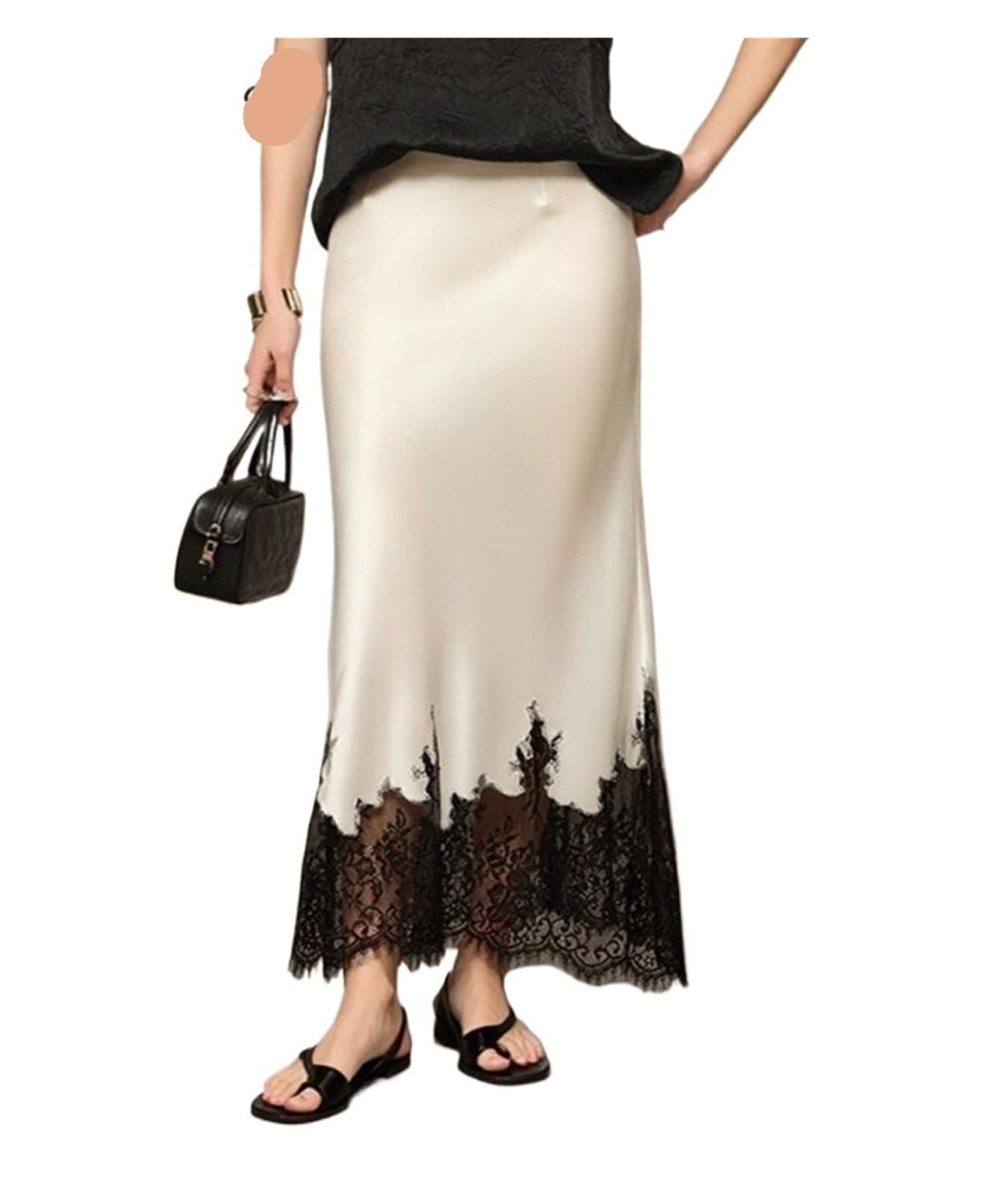 Gonna Satin Gonna Lunga Elegante in Raso for Donna, Gonna Lunga con Orlo in Pizzo Patchwork, Gonna da Donna di Temperamento