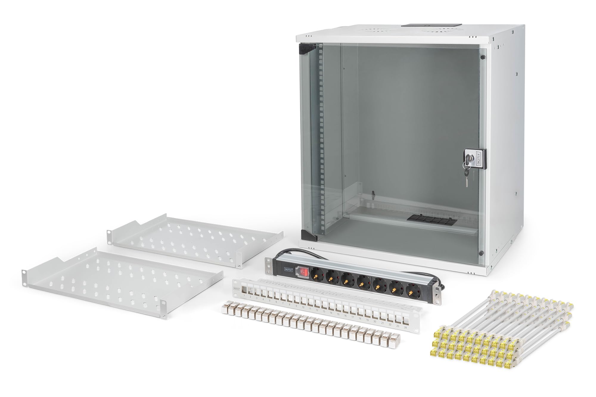 Digitus NetzwerK-Set Soho Pro, 483 Mm (19") - 12he, 540 X 400 Mm (b X T) (dN-49206-Set) | Armoire réseau – Multiprise – 2 étagères 1U – Panneau de brassage 24 ports – 24 modules Keystone – 30 câbles de raccordement
