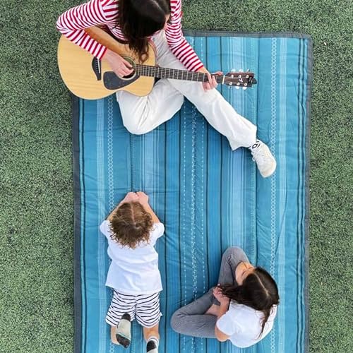 Image of Little Unicorn 5'x5' Outdoor Family Picnic & Beach Blanket | Durable & Water-Resistant Fabric | Compact Fold & Easily Wipes Clean | Zipper Pocket (Shoreline Stripe)