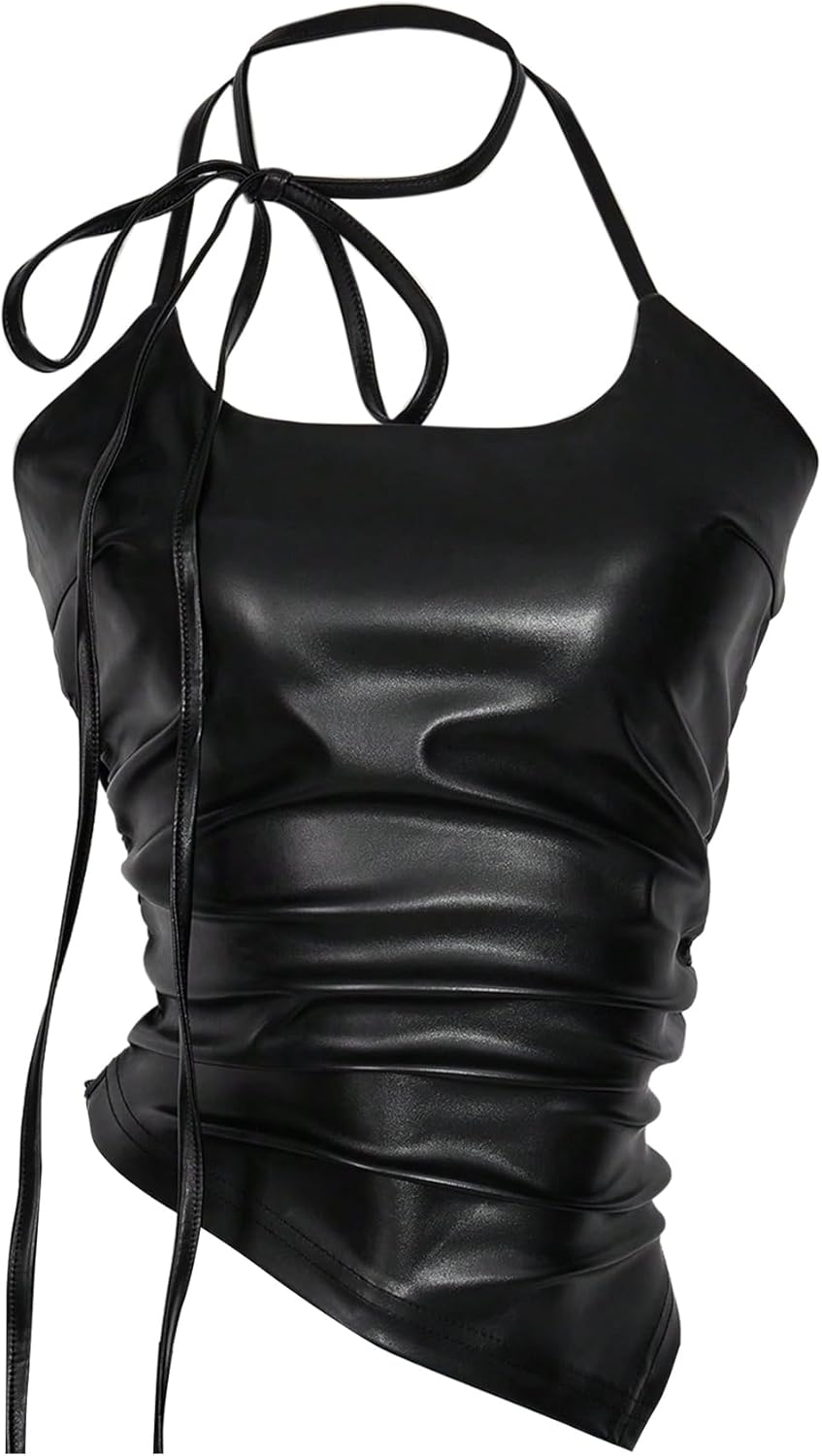 MakeMeChic Women's Leather Halter Tops Backless Asymmetrical Ruched Tank Going Out Tank Top - Image 3