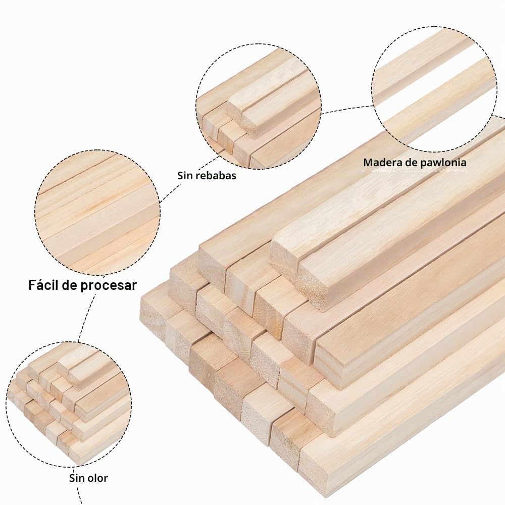 20 Piezas Listones Cuadrados de Madera, Palitos 30 x 1,5 x 1,5 cm | Bloques de Madera Rectangular para Maquetas, Marcos, Tallado y Manualidades; Fáciles de Cortar, Lijar y Pegar