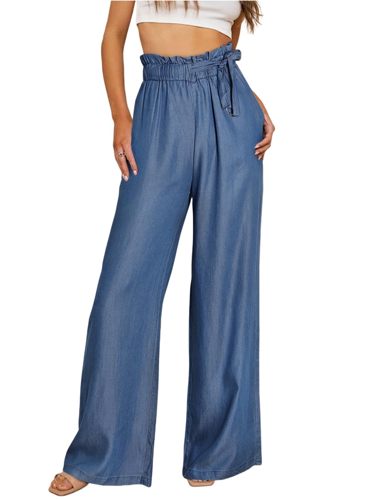 SidefeelWomen's High Waisted Wide Leg Jeans 2024 Summer Drawstring Denim Pants