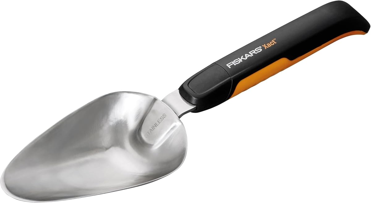 Xact Garden Hand Trowel, Stainless Steel Head | Sharpened Edges to Dig, Pry & Turn Tough Turf, Resists Rust, Hang Hole for Storage, SoftGrip Handle