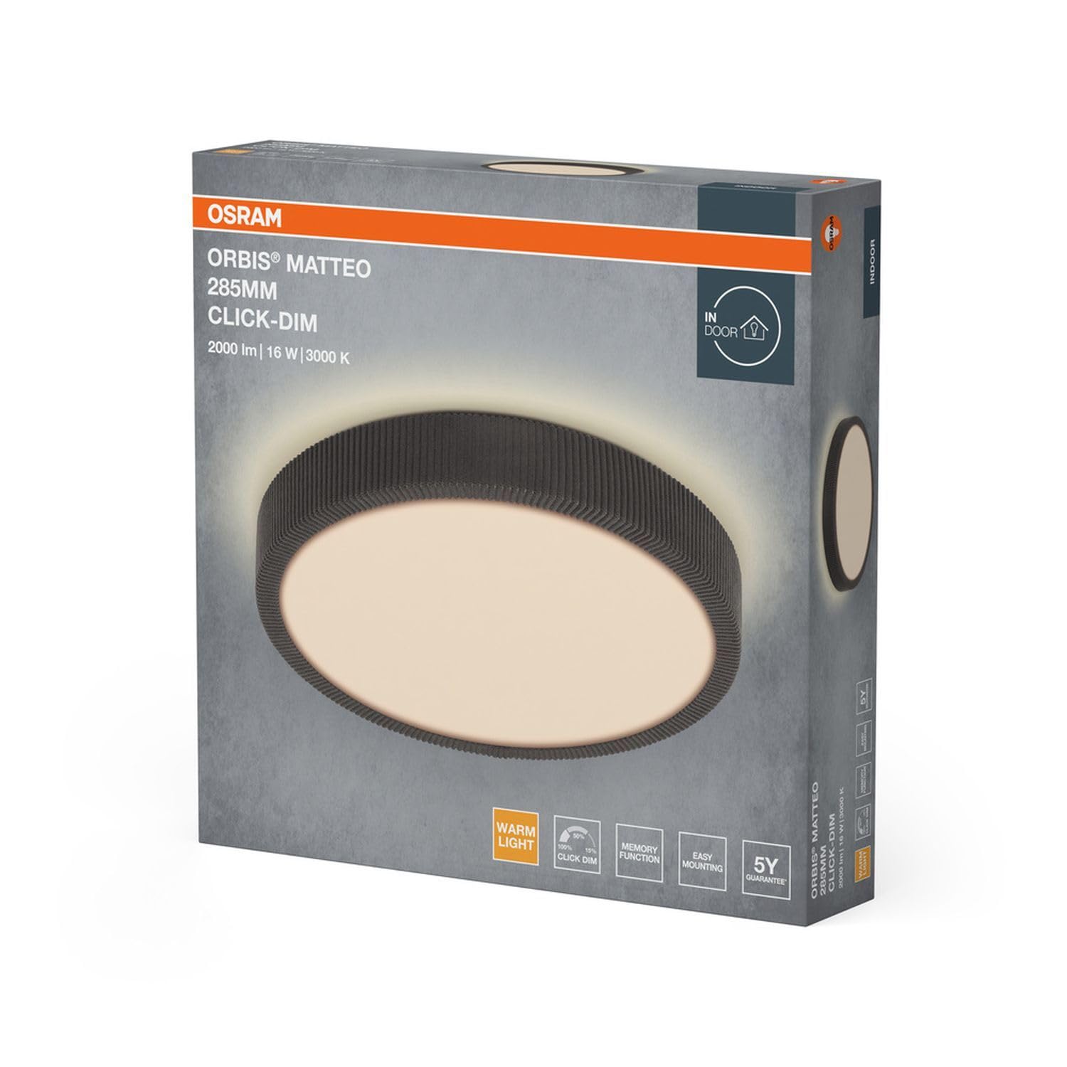 Licht-Erlebnisse LED Deckenleuchte Metall Stoff Grau 3000 K Click-DIM modern wohnlich Schlafzimmer Flur Essbereich Ø28.5 cm flache Deckenlampe Büro