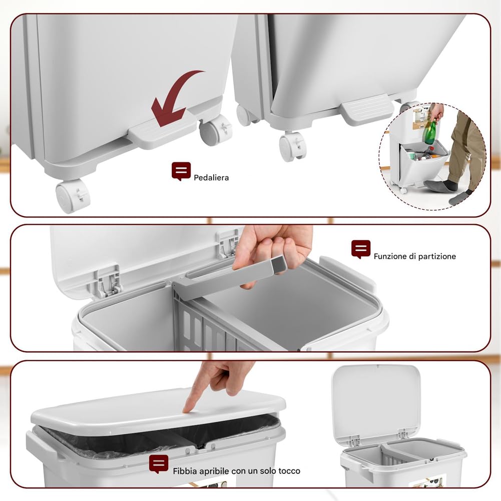 BAKAJI Cubo de basura de cocina con capacidad de 38 litros, doble cubo que ahorra espacio para separación de basura, basura para recogida diferenciada, 1 cajón abatible, 42 x 28,5 x 73 cm (38 litros)