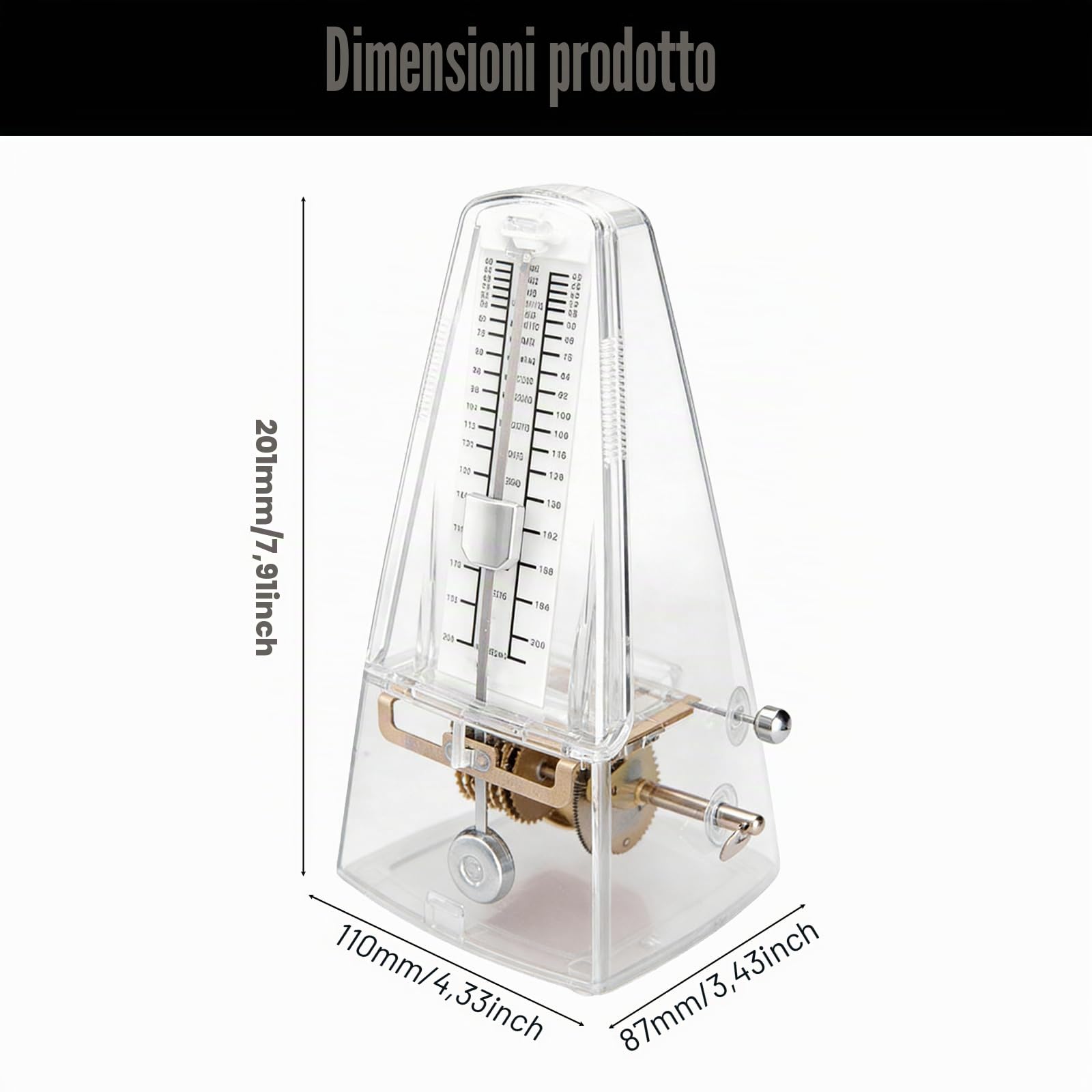 Metronomo meccanico, 87 × 201 × 110 mm, metronomo pianoforte, metronomo ad alta precisione battito 0, 2, 3, 4, 6, per esercizi musicali, adulti, bambini, principianti, professionisti, noce