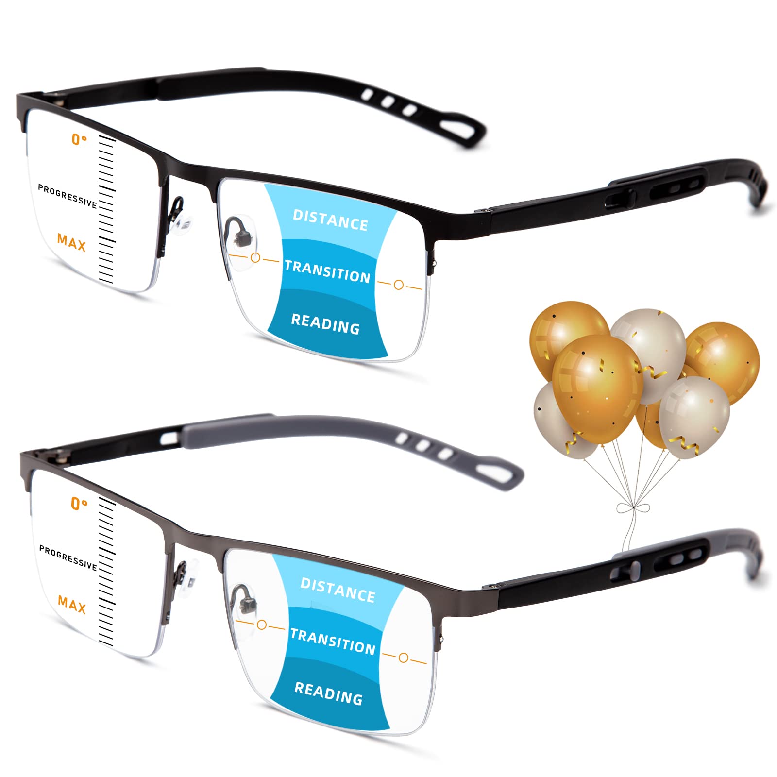 Photo 1 of Jo 2PK Progressive Multifocus Reading Glasses for Men - Bifocal Reading glasses Blue Light UV400 Bloking Computer Readers Black + Silver 1.5 x