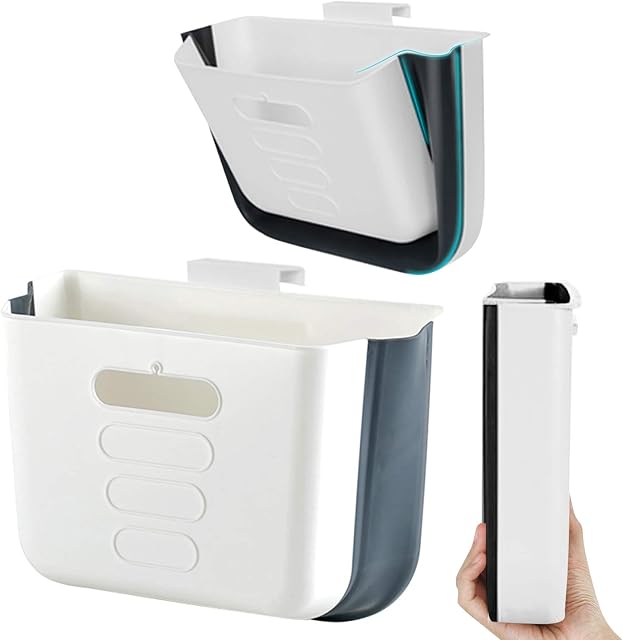 Hanging Kitchen Waste Bin Small Trash Can Foldable Plastic Dustbin Portable Cabinet Rubbish Bin Wall Mounted Garbage Trash Bin for Kitchen Cupboard Door Bathroom Bedroom Office Car Dorm (White)