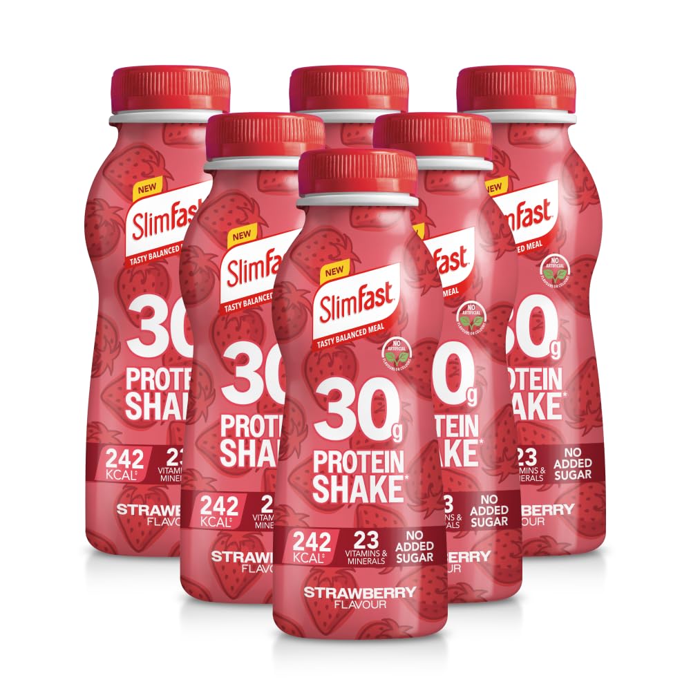 SlimFast • 30g Protein Meal Replacement Shake • Strawberry Flavour • 242 Cals • 23 Vitamins + Minerals • No Added Sugar • Gut Friendly • Ready to Drink • 6 x 325 ml (6 meals)
