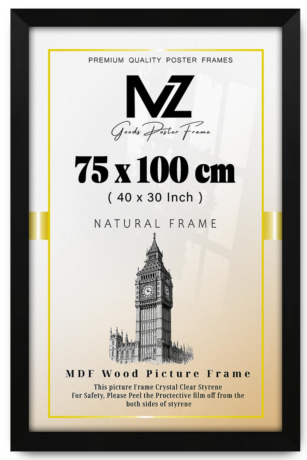 MZ GOODS | Matt Black (75 x 100 CM) Poster Frame - 750 x 1000 mm Photo Frame for Posters and Prints – Solid Eton wood, Home Décor 2' 6" x 3' 3" [ Matt Black ]
