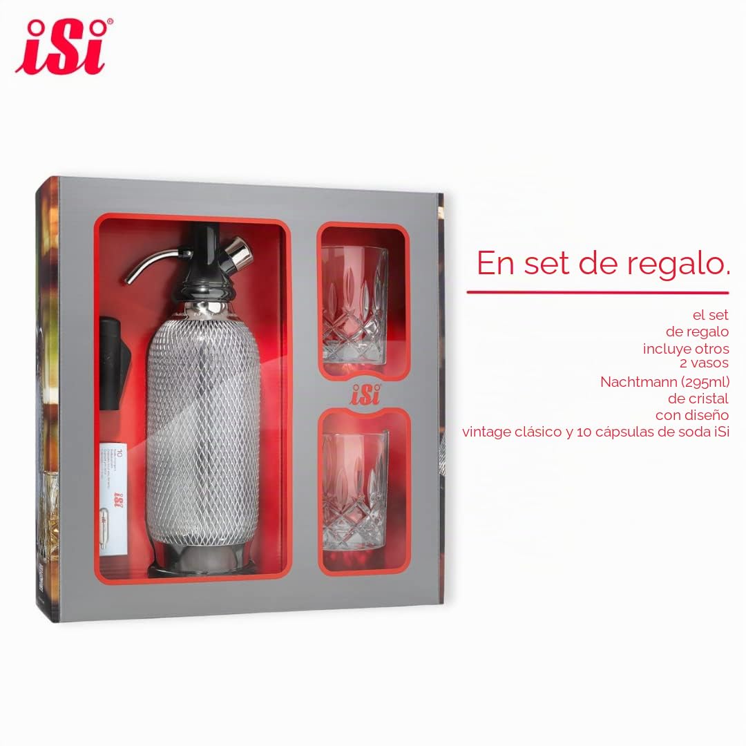 iSi Soda Maker Classic - Set de regalo (incluye 2 vasos y 10 cápsulas de soda, sifón de soda, 1,0 l, acero inoxidable, accesorio de bar para agua con burbuja