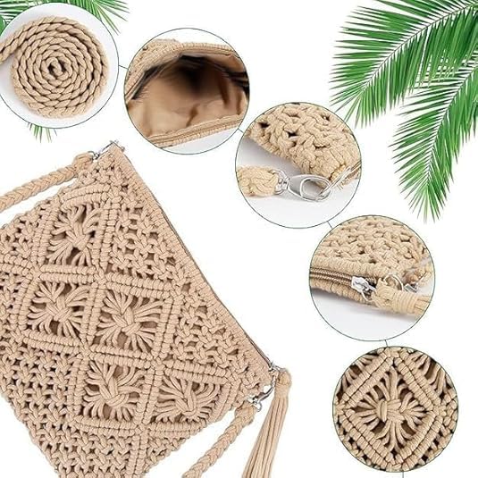 Image of Women's Handmade Macrame Crossbody Sling Bag Tote Bags Beautiful & Fancy Ladies Purse For Girls Women's Mobile Pouch Friends Gifts Birthday Marriage Party and Events,1- Piece