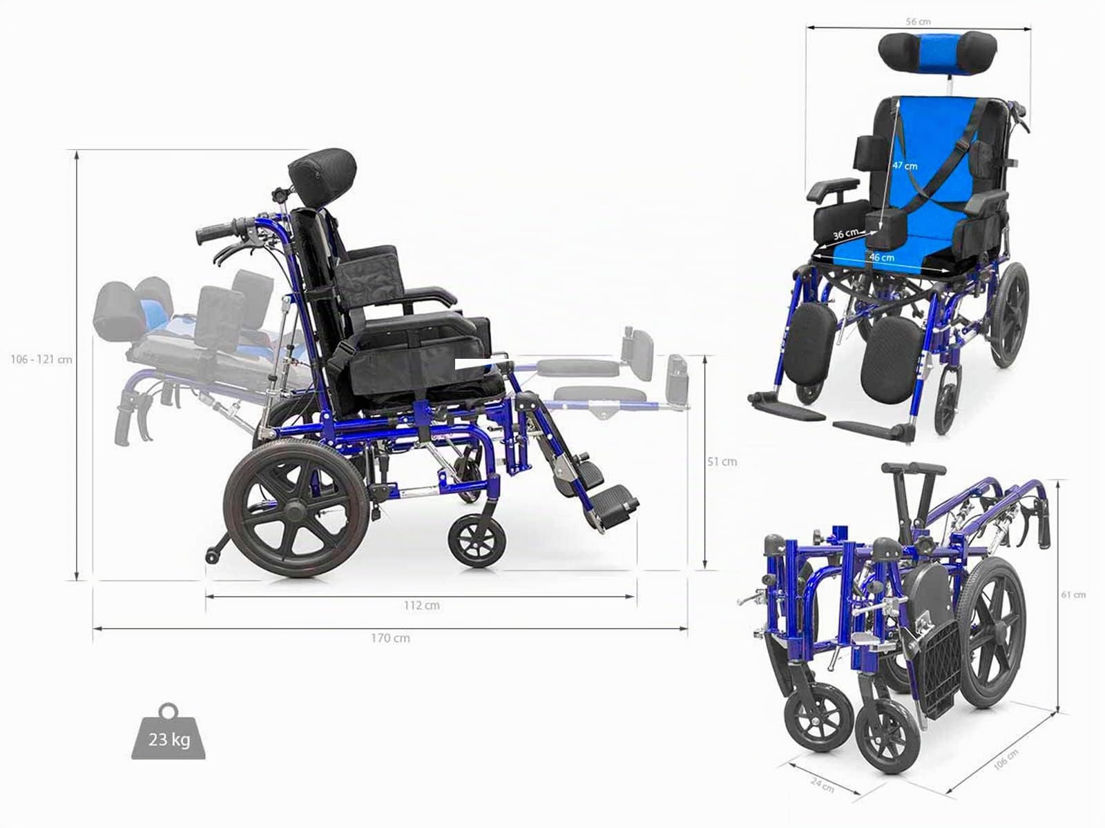 QUIRUMED Sedia a rotelle neurologica, Larghezza seduta 46 cm, Estensibile, Alluminio, Pieghevole, Freni a maniglia, Antiribaltamento, Imbracatura di sicurezza, Poggiatesta regolabile